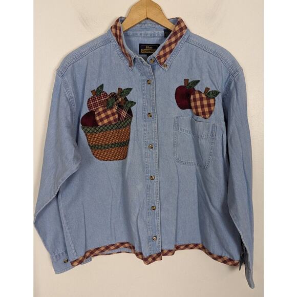 Blue Generation Vintage Large Apples Denim Button Shirt Bushel Patches Cottage - Picture 1 of 2